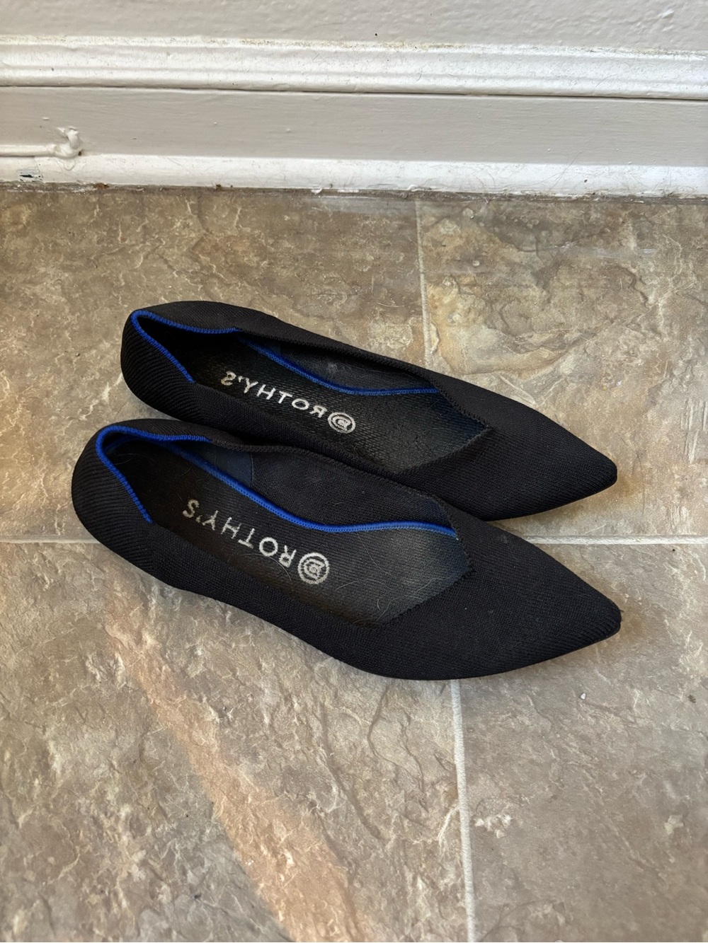 Rothy's Black Pointed-Toe Knit Flats with Blue Trim